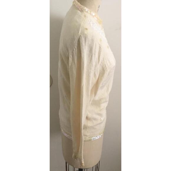 Vintage 1980's Vivien Forest Beige Sequin & Bead Embellished Cardigan Sweater M - Picture 10 of 11